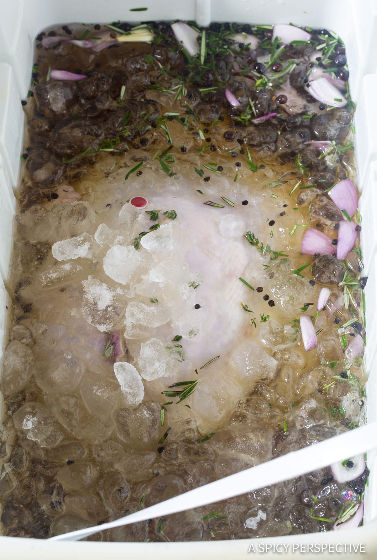 Turkey Brine Recipe - Simple Ice and flavor bath for the turkey in a cooler.
(How Long To Brine A Turkey)
