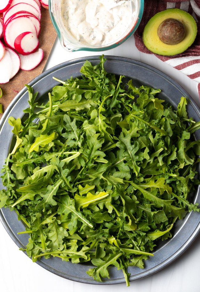 Top down view plate of arugula.