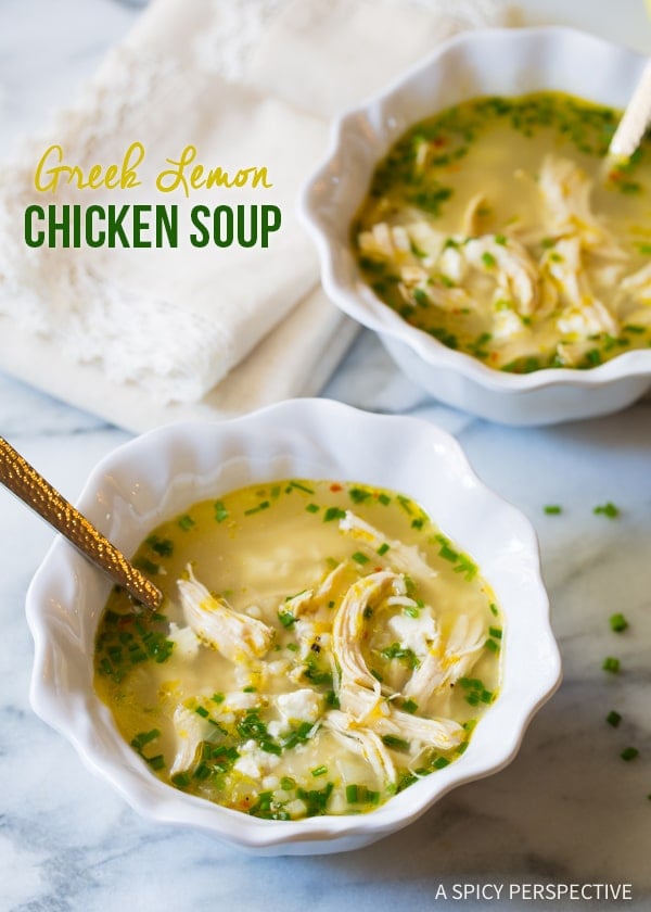 Chicken Soup #ASpicyPerspective Two bowls of Greek lemon chicken soup.