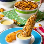 Easy Cheesy Pretzel Chicken Pops with Honey Mustard Sauce | ASpicyPerspective.com #kidfriendly #chickentenders #backtoschool #recipe