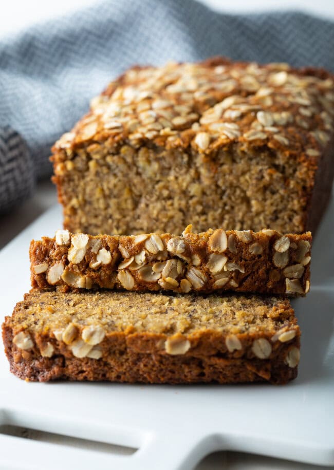 Oatmeal Bread loaf with slices off the end. 