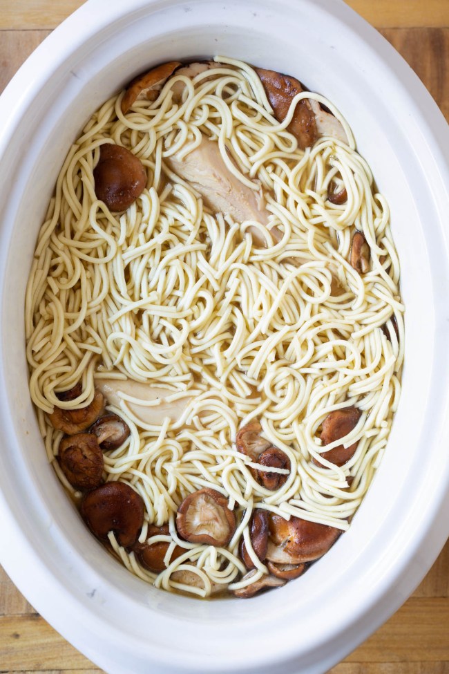 Simple Slow Cooker Chicken Ramen Noodles Recipe - noodles in slow cooker overhead shot