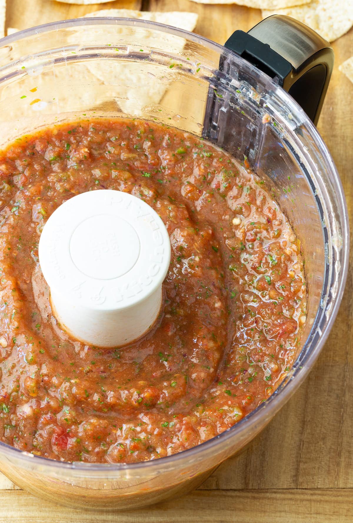 Salsa after being blended in a food processor.