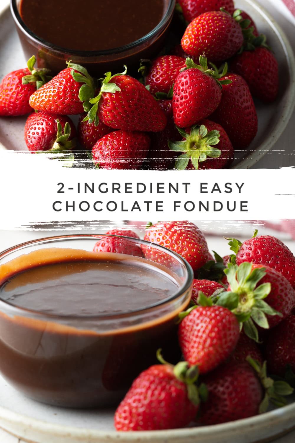 Small bowl of chocolate fondue next to a bed of strawberries.